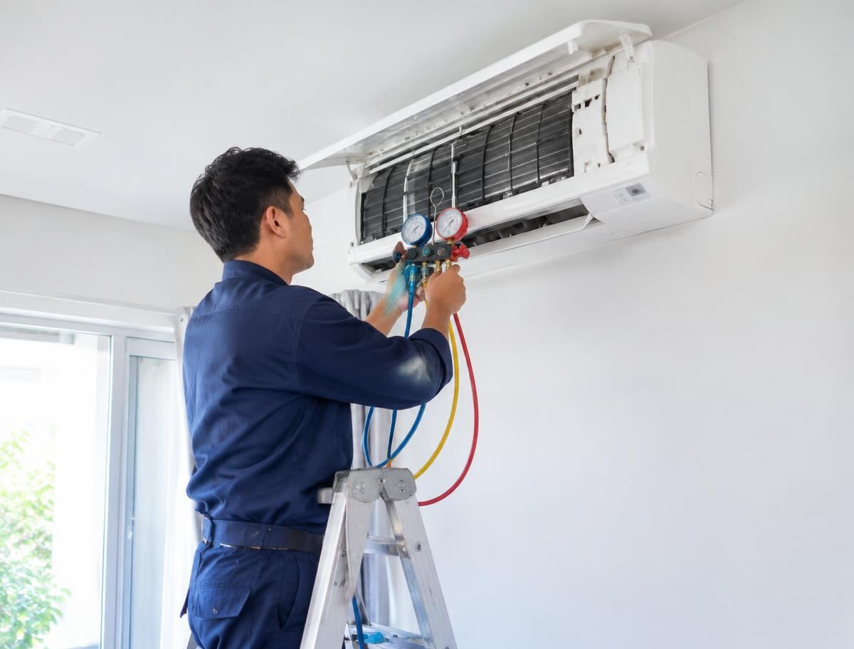 Technician on a ladder servicing a wall-mounted split air conditioner with refrigerant gauges