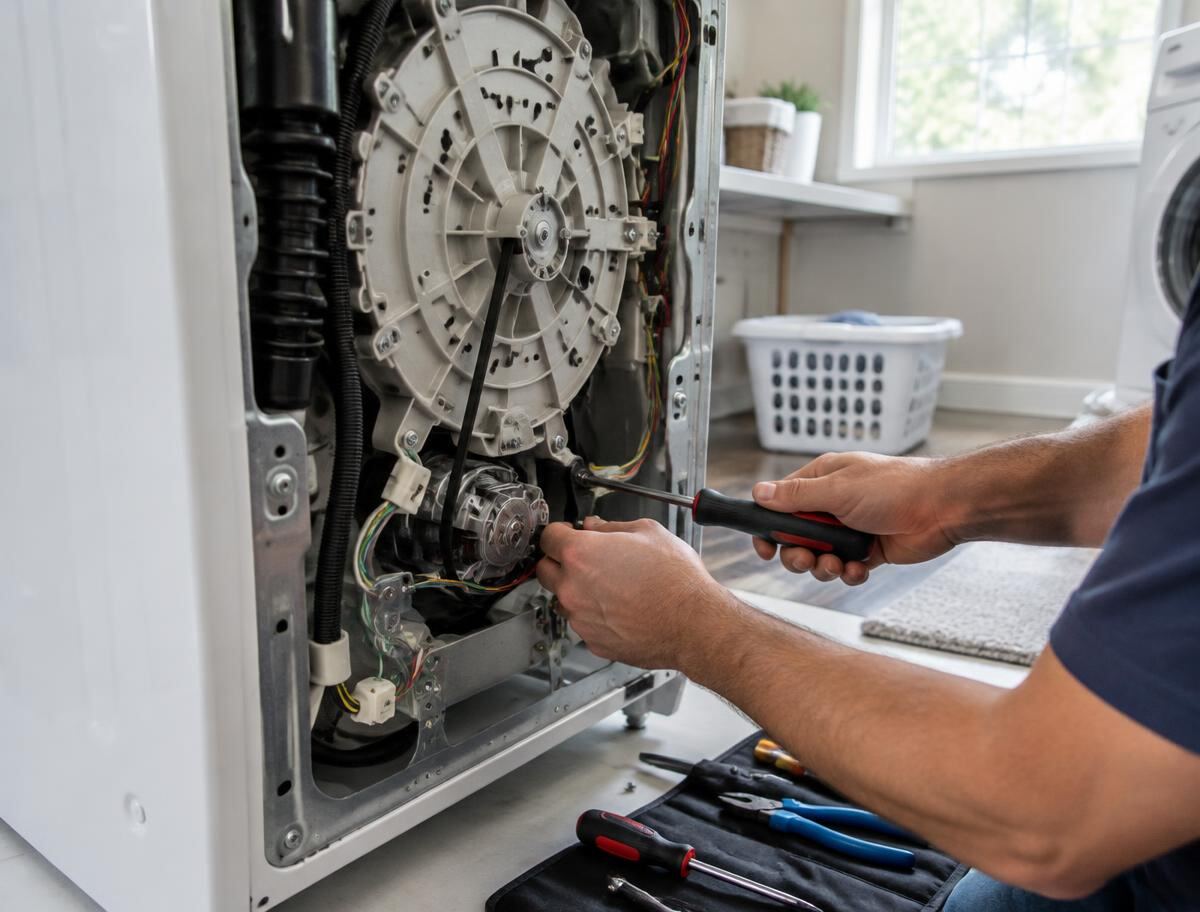 Technician repairing the motor of a washing machine with the back panel removed