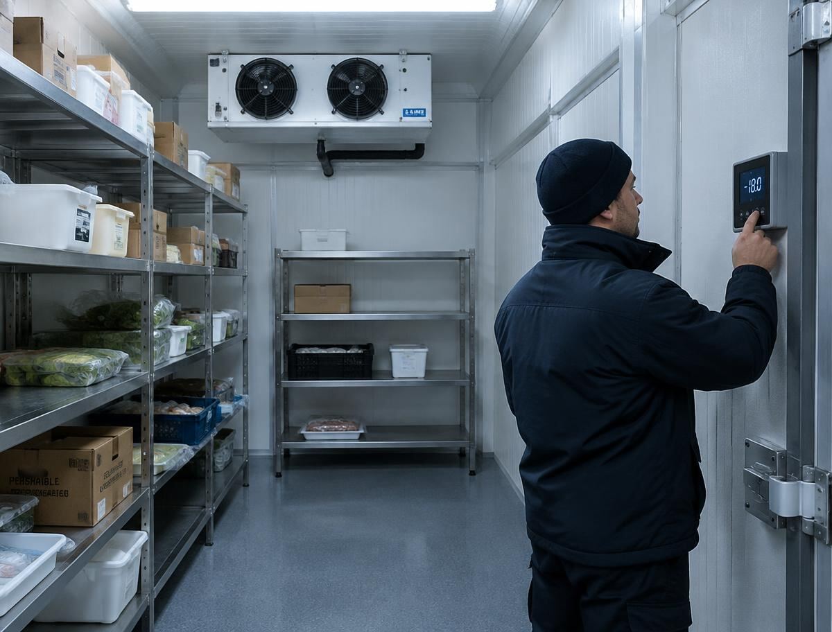Technician checking the temperature controller of a commercial walk-in cold room