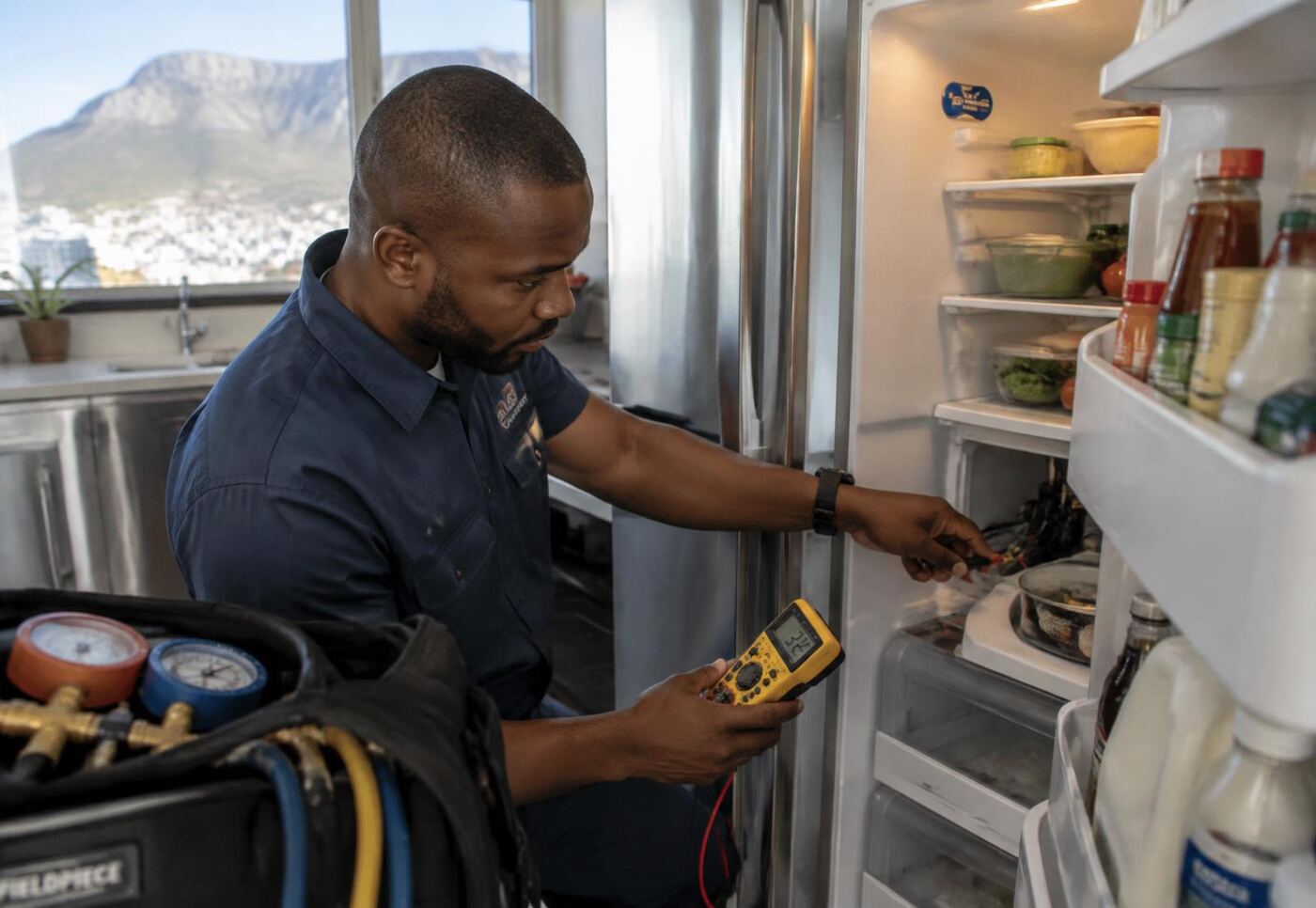Refrigeration technician testing a household fridge with a multimeter in a Cape Town kitchen