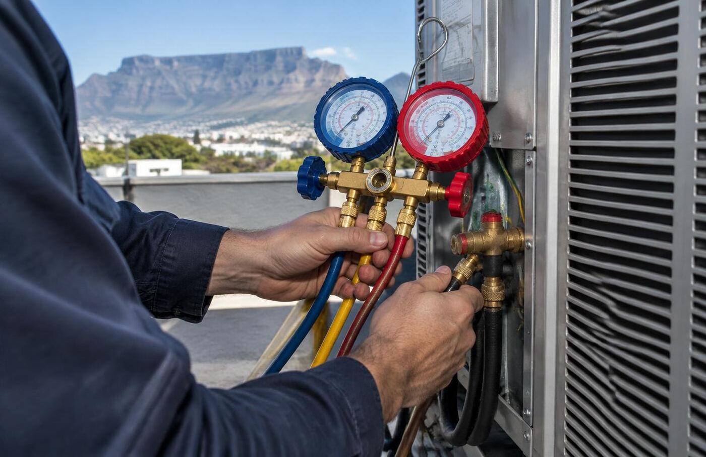 Technician connecting refrigerant gauges to an outdoor condenser unit with Table Mountain behind